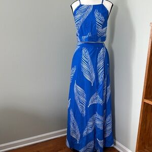 Blue and White Leaf Print Maxi Dress